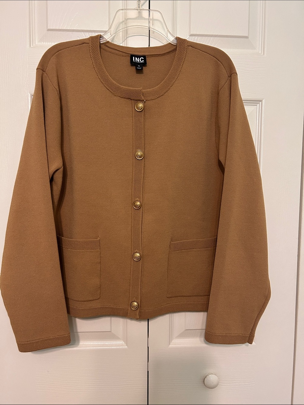 INC International Concepts Camel Button-Front Knit Jacket with Gold Buttons